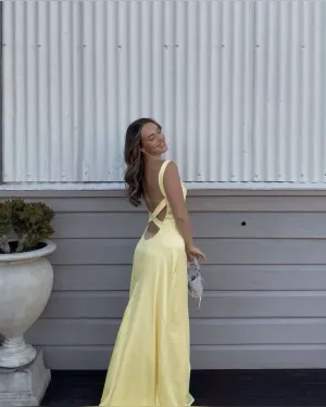JazzHer Modest Sheath Spaghetti Straps Yellow Satin Long Prom Dresses Evening Dress (PRE-ORDER)
