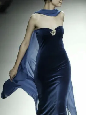 JazzHer Modest Sheath Strapless Navy Blue Beads Velvet Prom Dresses Long Evening Dress (PRE-ORDER)