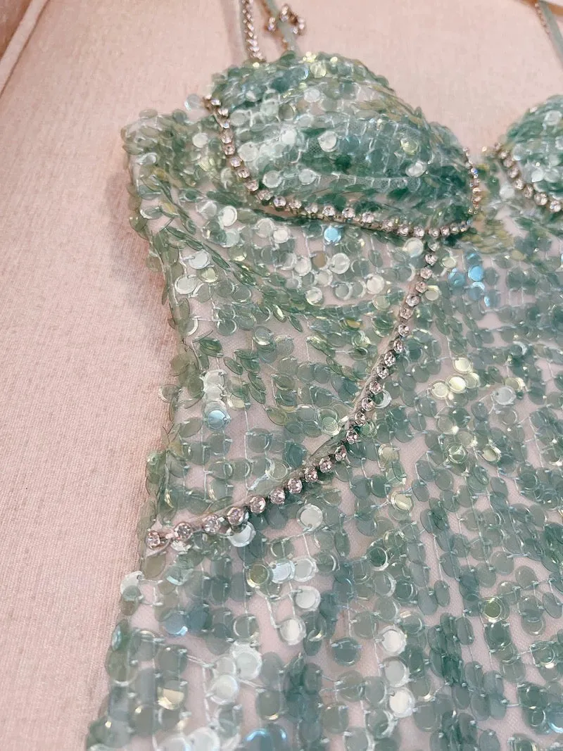 JazzHer Modest Sheath Straps Sequin Green Short Homecoming Dresses Birthday Outfits With Beads (PRE-ORDER)