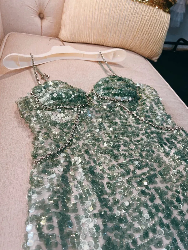 JazzHer Modest Sheath Straps Sequin Green Short Homecoming Dresses Birthday Outfits With Beads (PRE-ORDER)