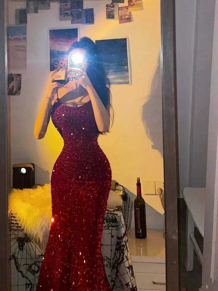 JazzHer Pretty Sheath Spaghetti Straps Red Sequin Long Evening Dress Prom Dresses (PRE-ORDER)