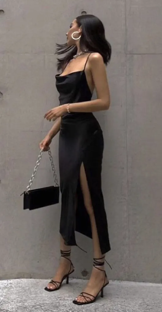 JazzHer Pretty Sheath Spaghetti Straps Slit Black Prom Dresses Evening Dress (PRE-ORDER)