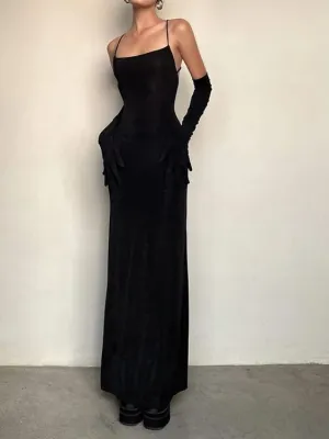 JazzHer Sexy Sheath Spaghetti Straps Black Long Prom Dresses Evening Dress With Gloves (PRE-ORDER)