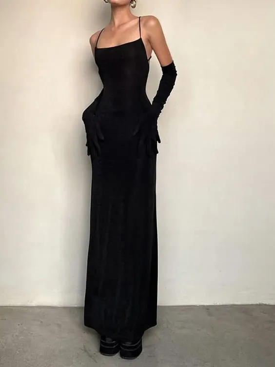JazzHer Sexy Sheath Spaghetti Straps Black Long Prom Dresses Evening Dress With Gloves (PRE-ORDER)