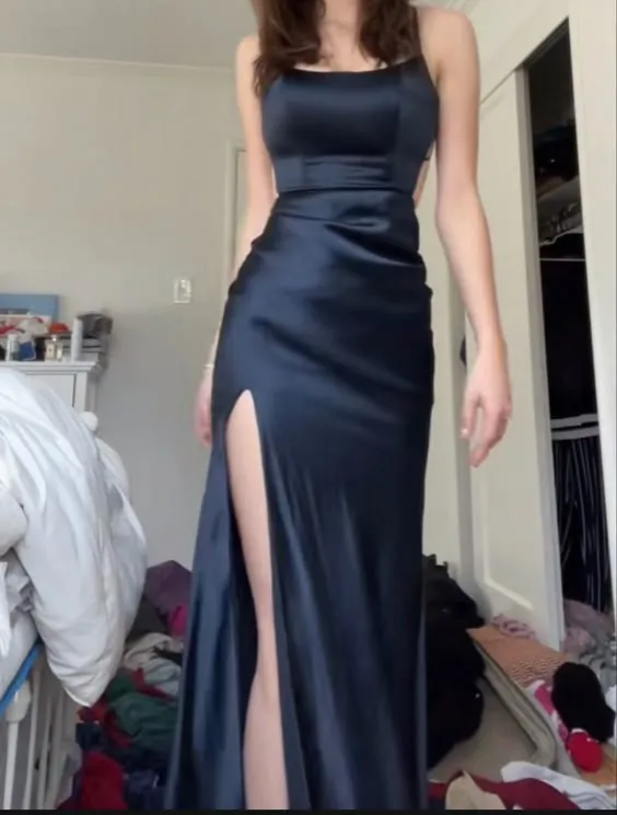 JazzHer Sexy Sheath Spaghetti Straps Black Slit Long Prom Dresses Evening Dress (PRE-ORDER)