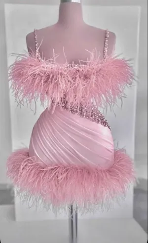 JazzHer Sexy Sheath Spaghetti Straps Pink Satin Short Birthday Outfits Homecoming Dresses (PRE-ORDER)