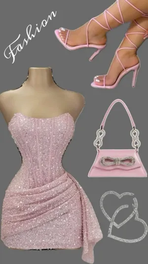 JazzHer Sexy Sheath Strapless Pink Sequin Homecoming Dresses Short Birthday Outfits (PRE-ORDER)