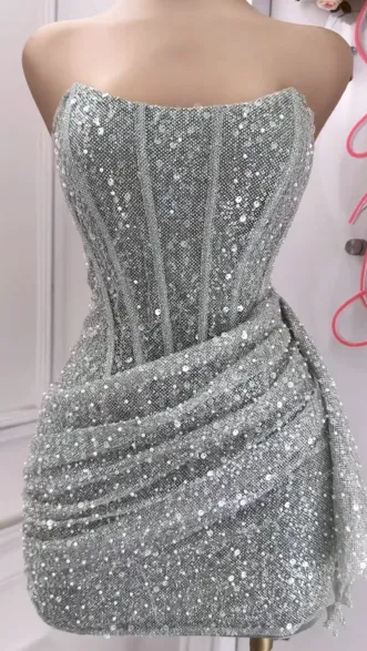 JazzHer Sexy Sheath Strapless Pink Sequin Homecoming Dresses Short Birthday Outfits (PRE-ORDER)