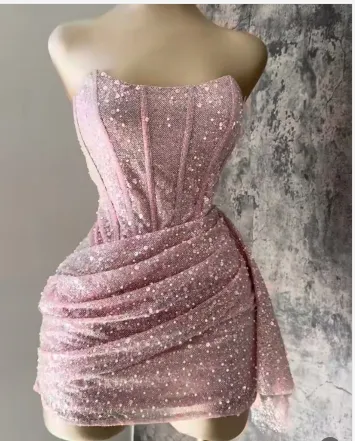 JazzHer Sexy Sheath Strapless Pink Sequin Homecoming Dresses Short Birthday Outfits (PRE-ORDER)
