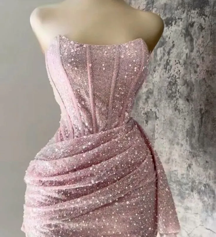JazzHer Sexy Sheath Strapless Pink Sequin Homecoming Dresses Short Birthday Outfits (PRE-ORDER)