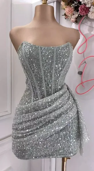JazzHer Sexy Sheath Strapless Pink Sequin Homecoming Dresses Short Birthday Outfits (PRE-ORDER)