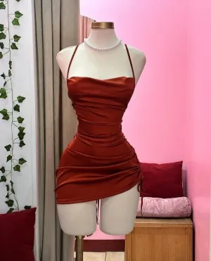 JazzHer Simple Sheath Halter Burgundy Satin Homecoming Dresses Short Cocktail Dress With Ruffles (PRE-ORDER)