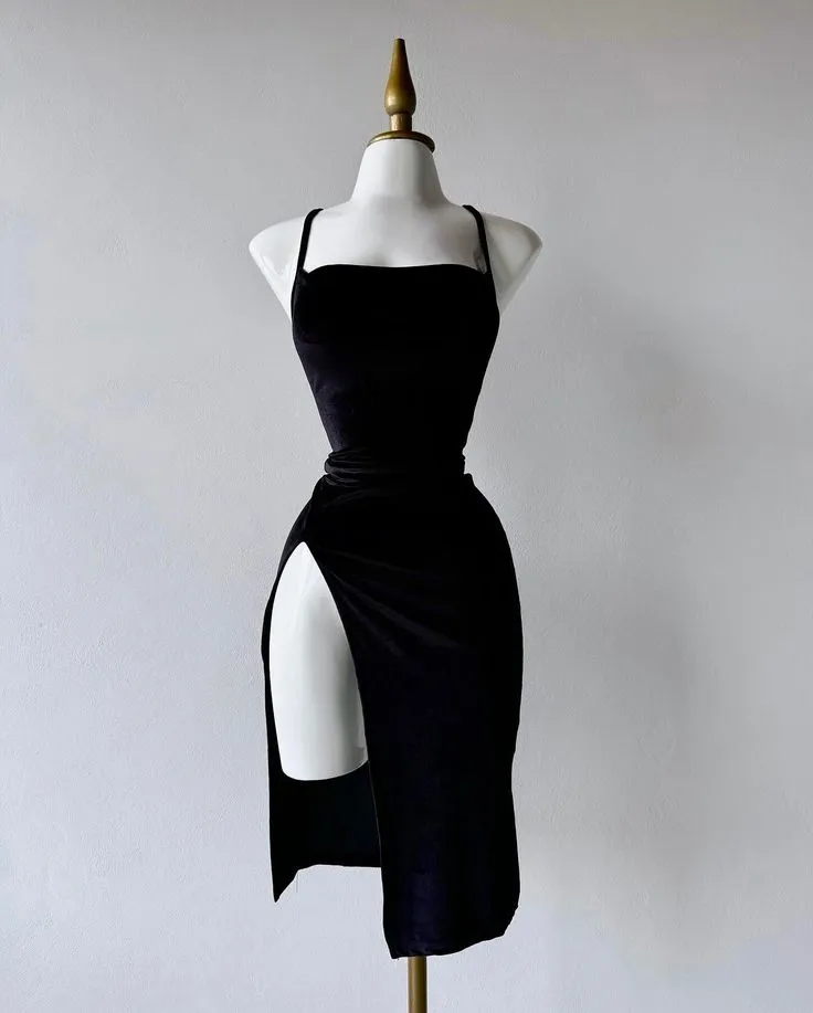 JazzHer Simple Sheath Spaghetti Straps Black Slit Homecoming Dresses (PRE-ORDER)
