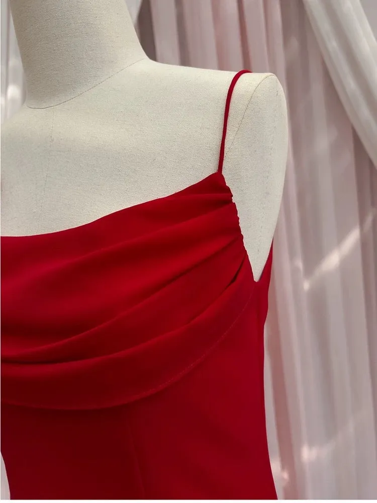 JazzHer Simple Sheath Spaghetti Straps Chiffon Short Red Homecoming Dresses Birthday Outfit (PRE-ORDER)