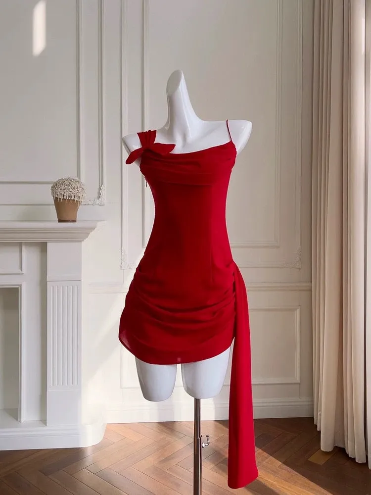 JazzHer Simple Sheath Spaghetti Straps Chiffon Short Red Homecoming Dresses Birthday Outfit (PRE-ORDER)