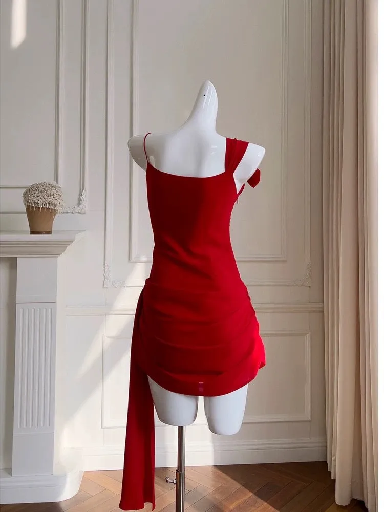 JazzHer Simple Sheath Spaghetti Straps Chiffon Short Red Homecoming Dresses Birthday Outfit (PRE-ORDER)