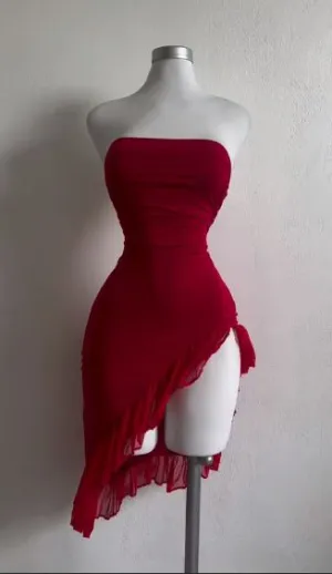 JazzHer Simple Sheath Strapless Red Knee Length Chiffon Homecoming Dresses (PRE-ORDER)