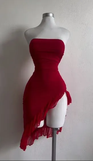JazzHer Simple Sheath Strapless Red Knee Length Chiffon Homecoming Dresses (PRE-ORDER)