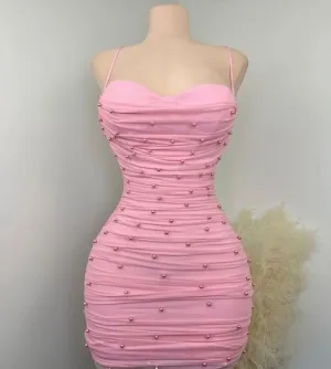 JazzHer Simple Sheath Straps Pink Short Pearls Homecoming Dresses (PRE-ORDER)