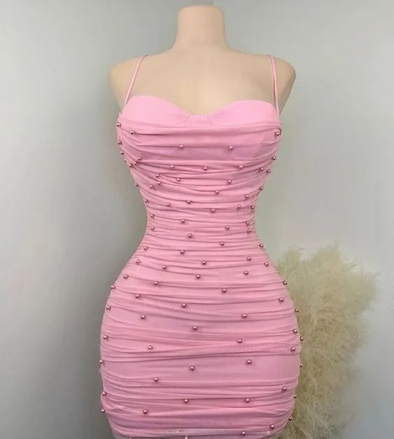 JazzHer Simple Sheath Straps Pink Short Pearls Homecoming Dresses (PRE-ORDER)