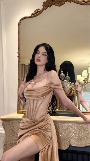 JazzHer th Birthday Sheath Off The Shoulder Satin Short Homecoming Dresses Champagne Party Dress (PRE-ORDER)