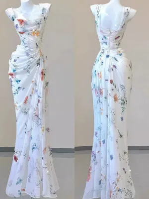 JazzHer Vintage Sheath Square Neckline Long Prom Dresses White Floral Evening Dress With Ruffles (PRE-ORDER)