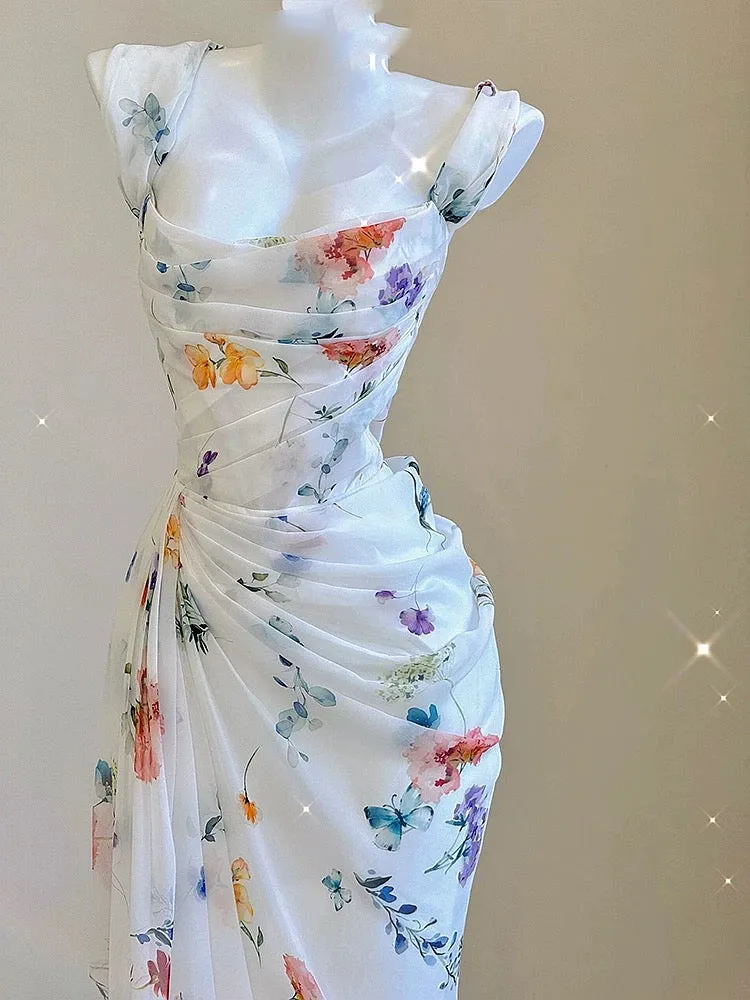 JazzHer Vintage Sheath Square Neckline Long Prom Dresses White Floral Evening Dress With Ruffles (PRE-ORDER)