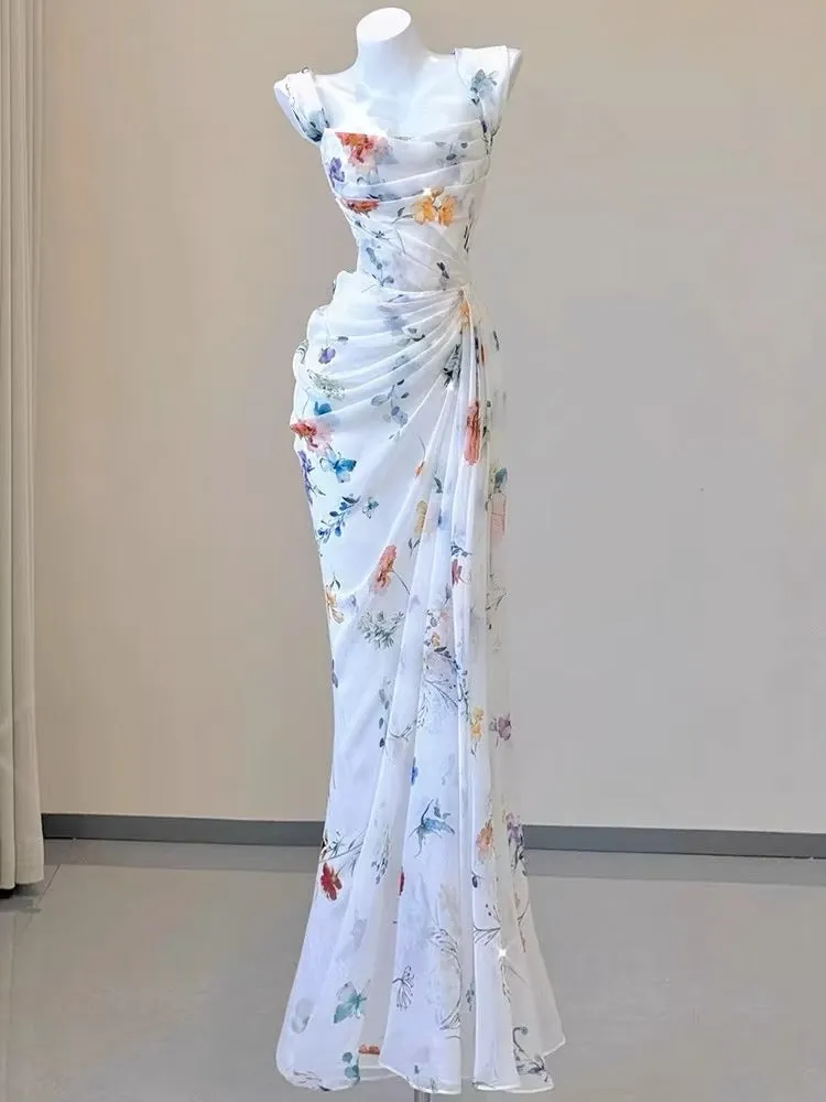 JazzHer Vintage Sheath Square Neckline Long Prom Dresses White Floral Evening Dress With Ruffles (PRE-ORDER)