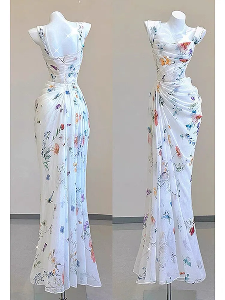 JazzHer Vintage Sheath Square Neckline Long Prom Dresses White Floral Evening Dress With Ruffles (PRE-ORDER)