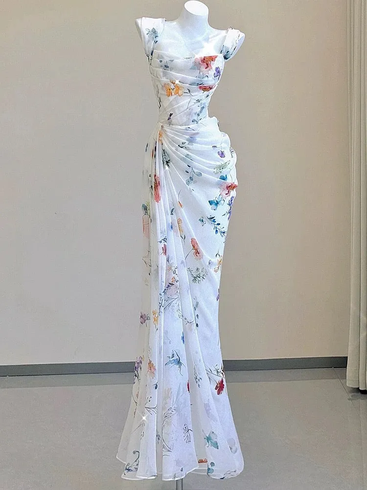 JazzHer Vintage Sheath Square Neckline Long Prom Dresses White Floral Evening Dress With Ruffles (PRE-ORDER)