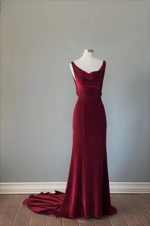 JazzHer Vintage Sheath Straps Burgundy Velvet Long Ruffles Prom Dresses Birthday Outfits (PRE-ORDER)