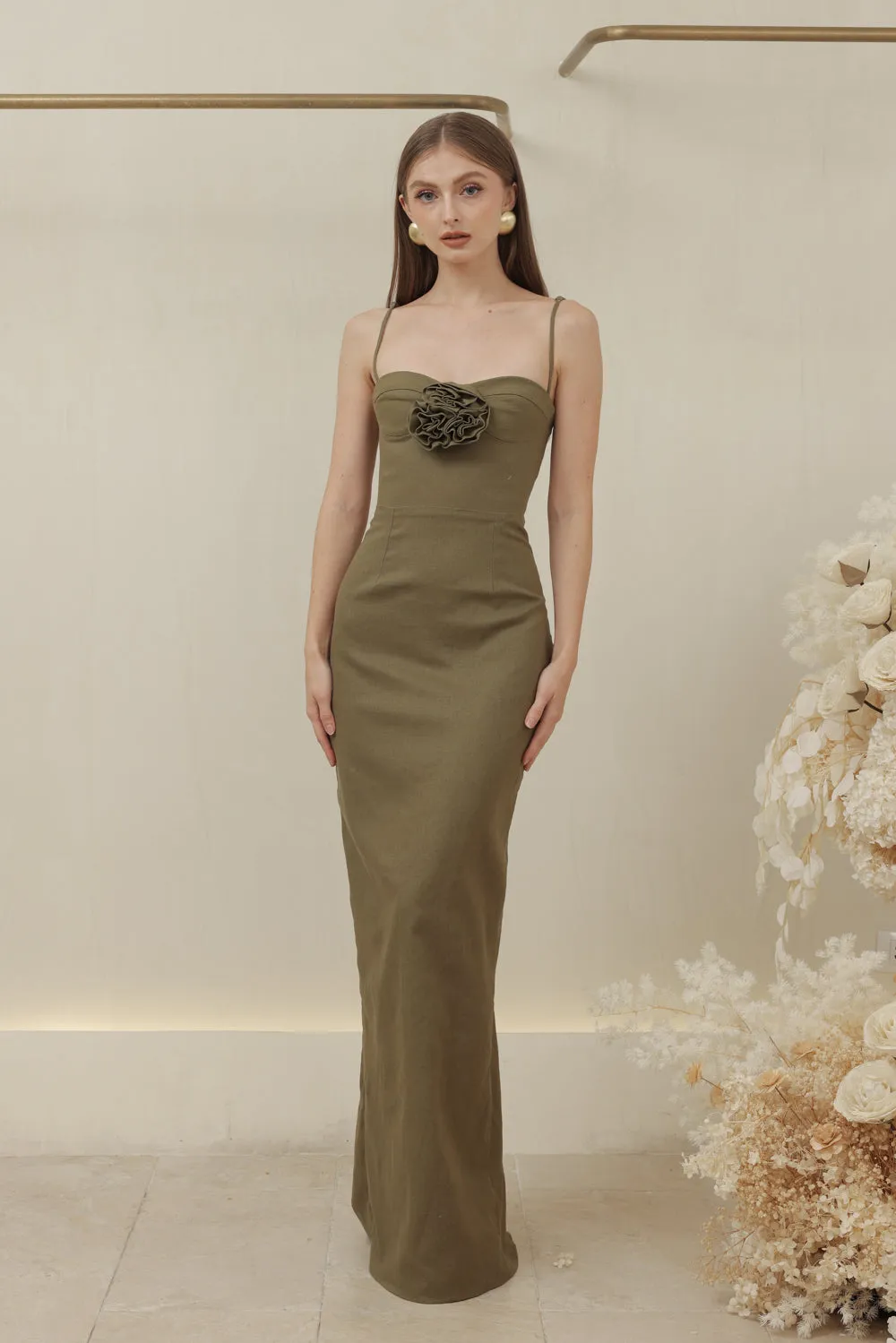 JULIETTE DRESS Strappy Pencil Skirt Maxi with Trio Floral Detail (Olive Linen)