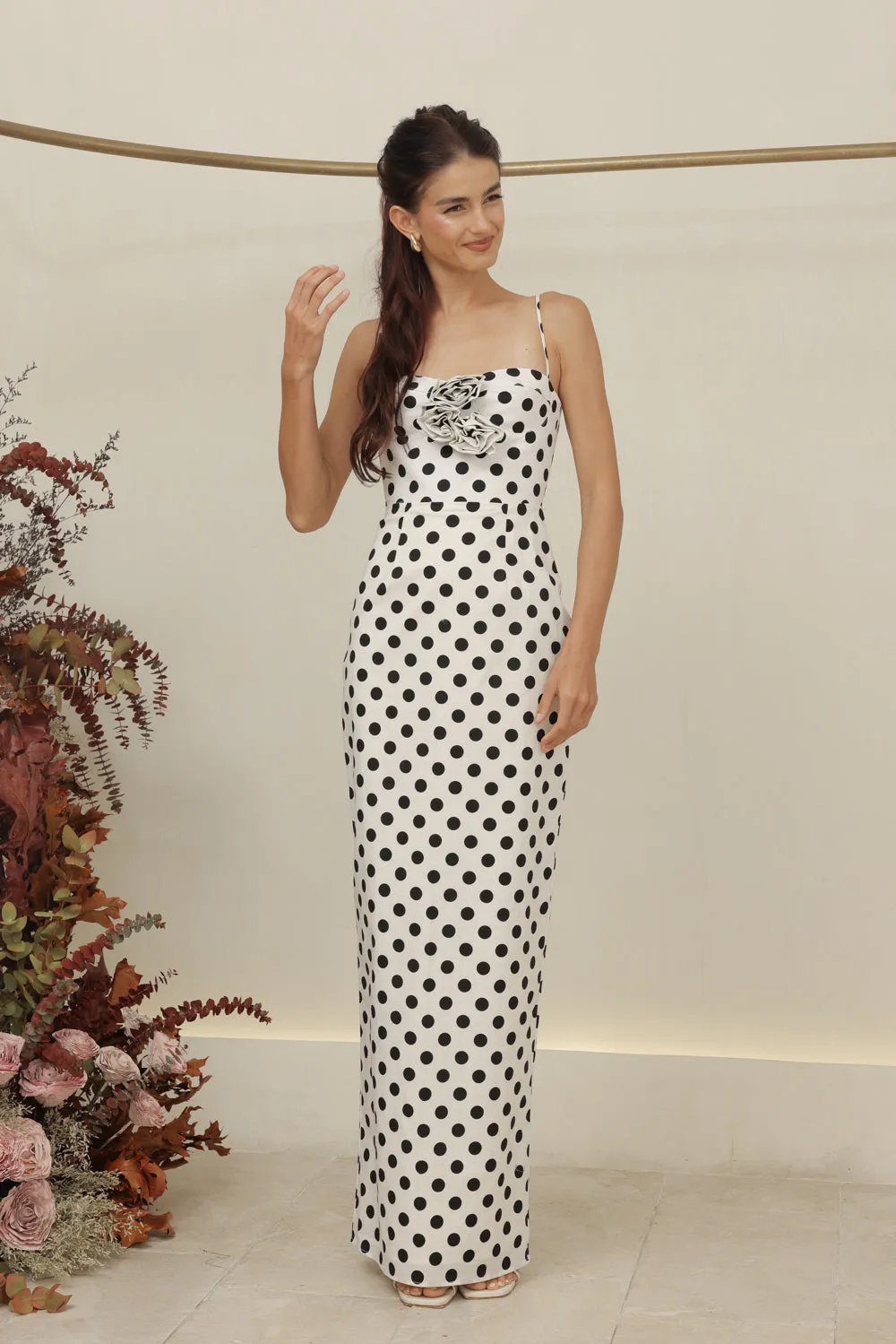 JULIETTE DRESS Strappy Pencil Skirt Maxi with Trio Floral Detail (White Polkadot)