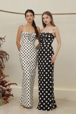 JULIETTE DRESS Strappy Pencil Skirt Maxi with Trio Floral Detail (White Polkadot)