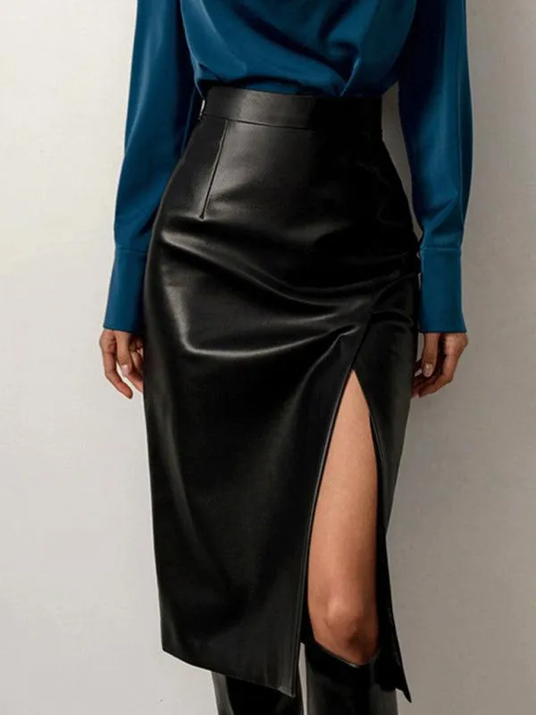 Kakaclo Faux Leather Pencil Skirt with Side Slit
