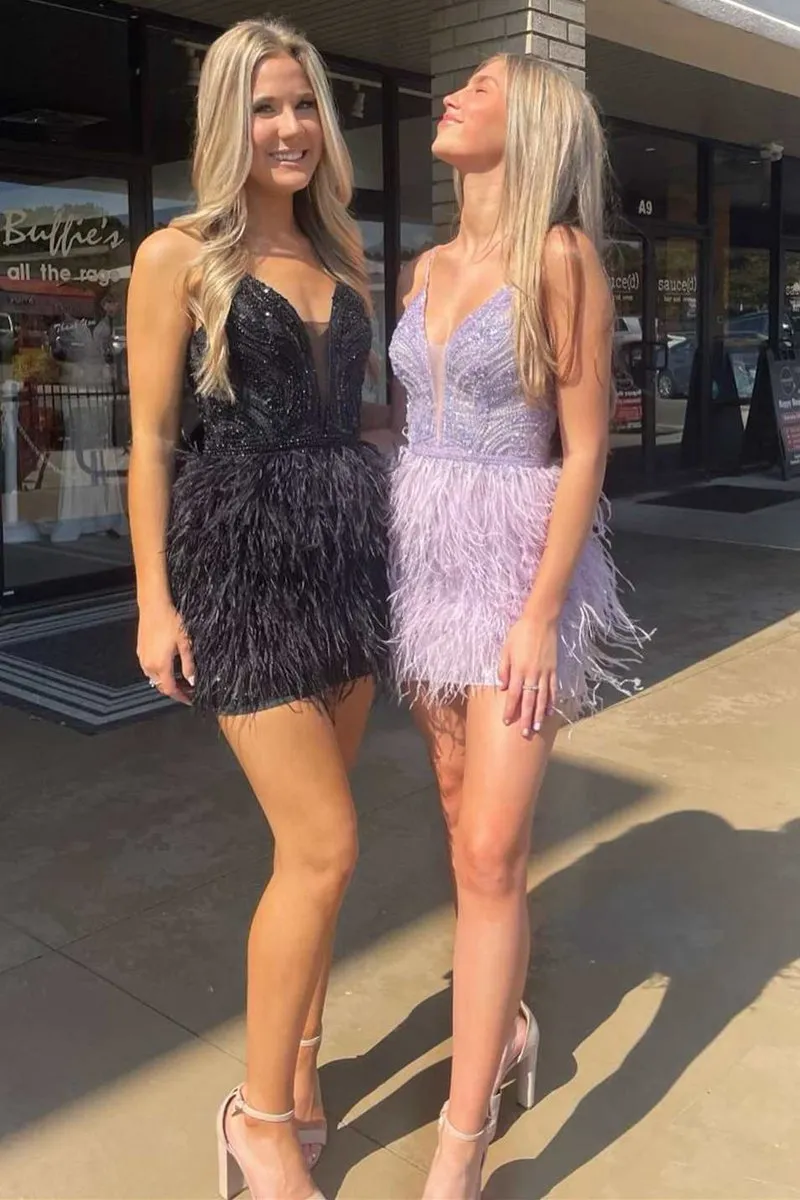 Lace Feather Short Homecoming Dresses