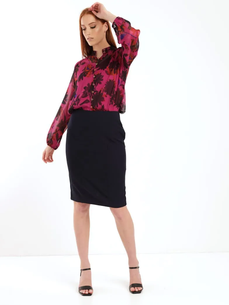 Ladies Curve Panelled Pencil Skirt - Navy