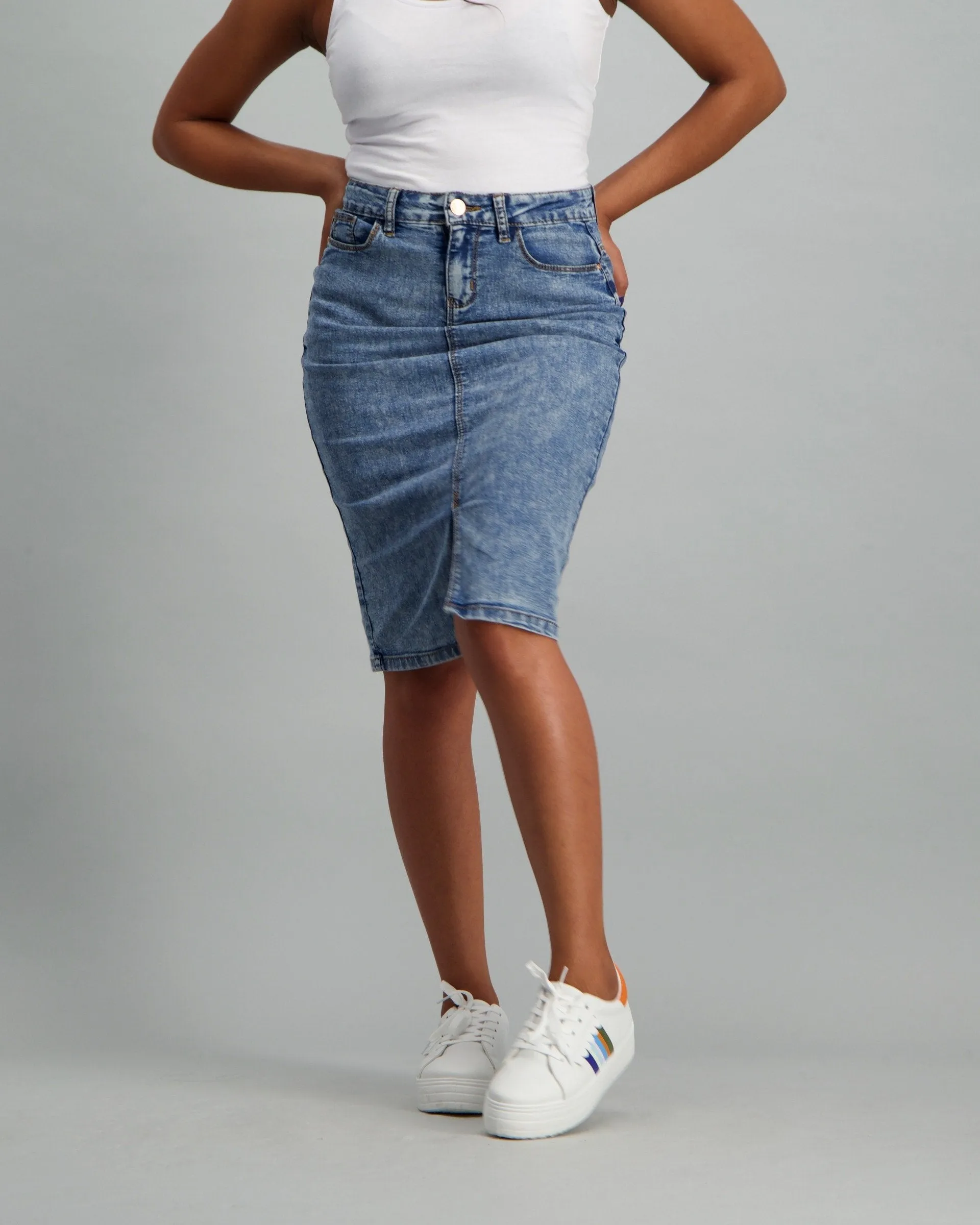 Ladies Mid Blue Acid Wash Skirt - Mid Blue