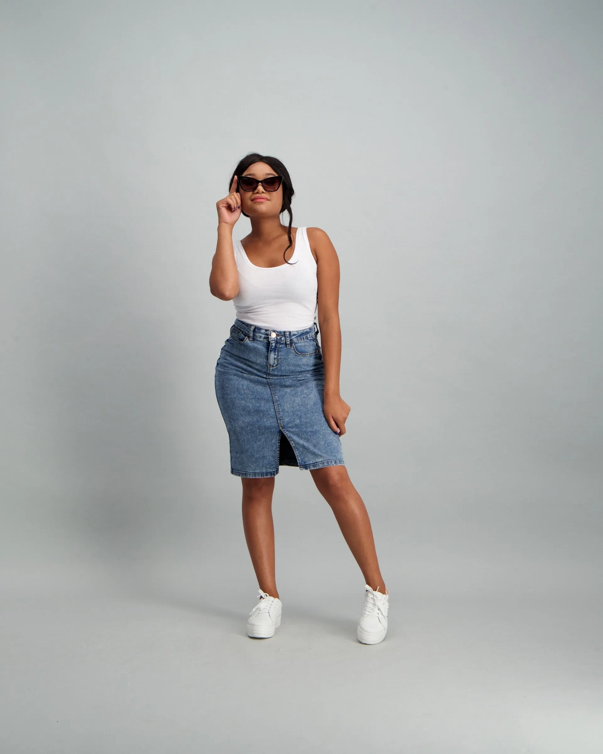 Ladies Mid Blue Acid Wash Skirt - Mid Blue