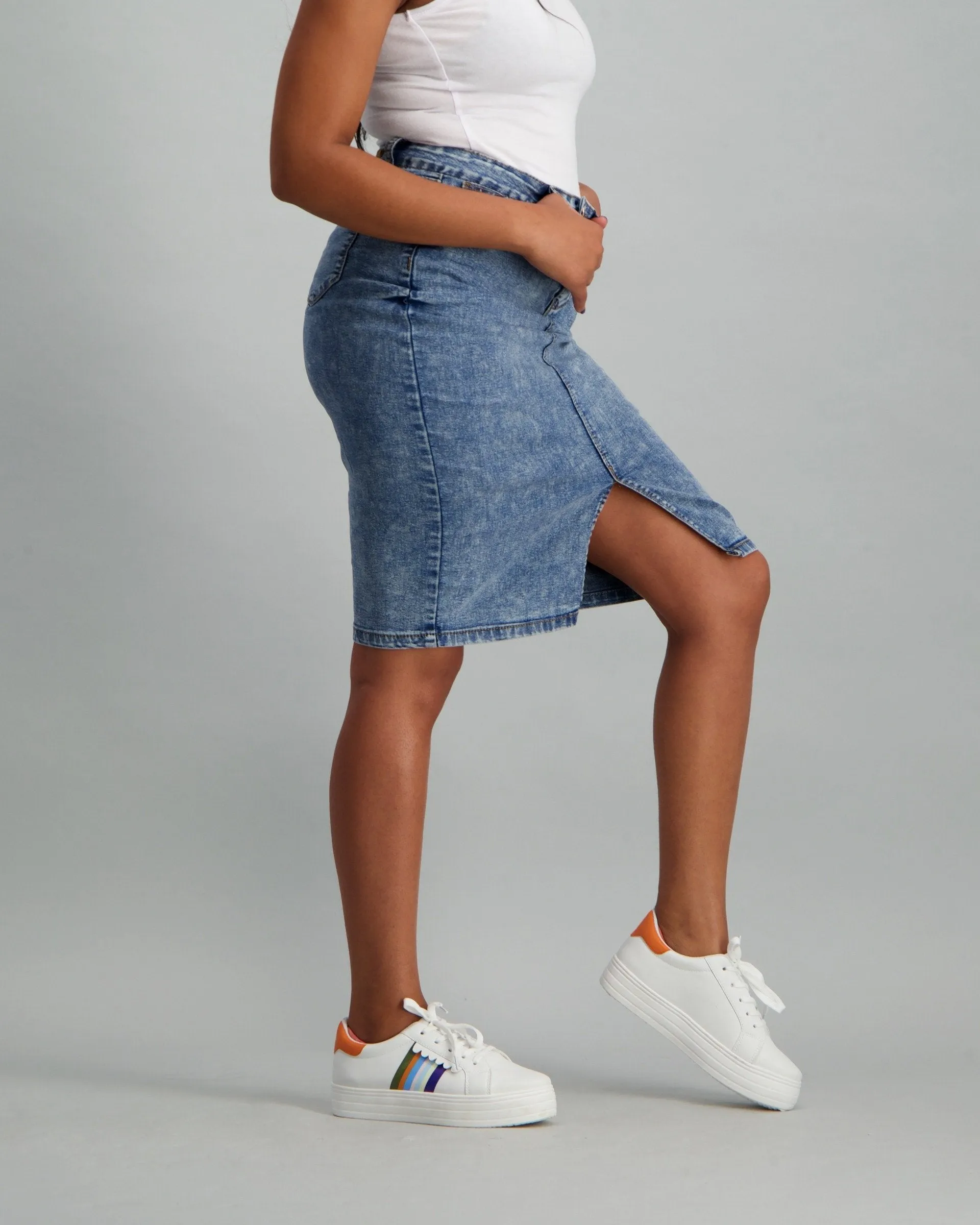 Ladies Mid Blue Acid Wash Skirt - Mid Blue