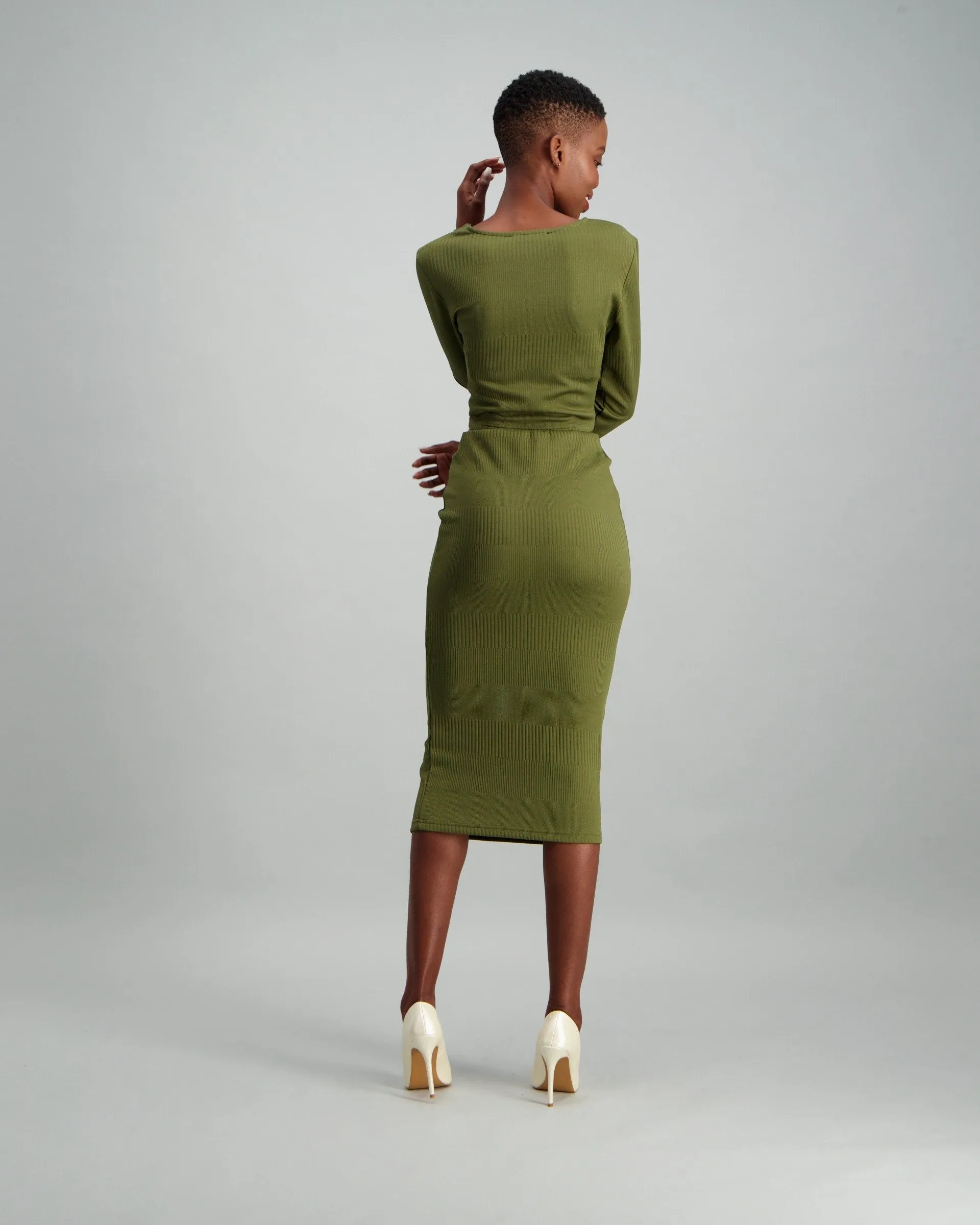 Ladies Self Stripe Midi Pencil Skirt - Fatigue