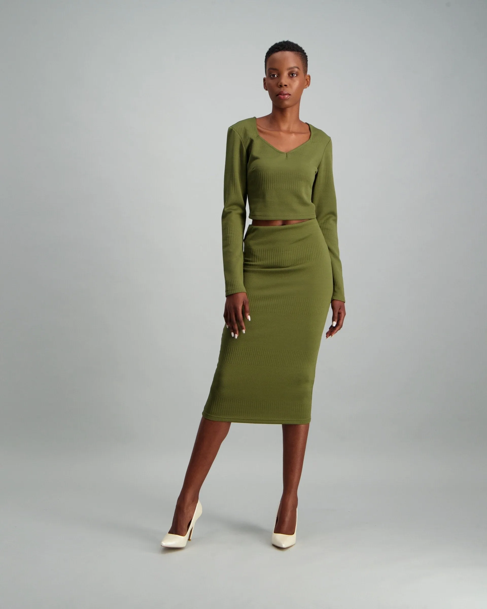 Ladies Self Stripe Midi Pencil Skirt - Fatigue
