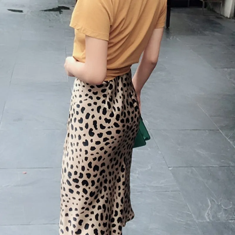Leopard Print Satin Midi Skirts