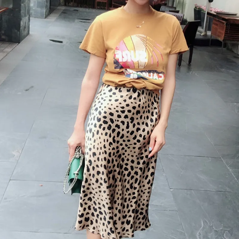 Leopard Print Satin Midi Skirts