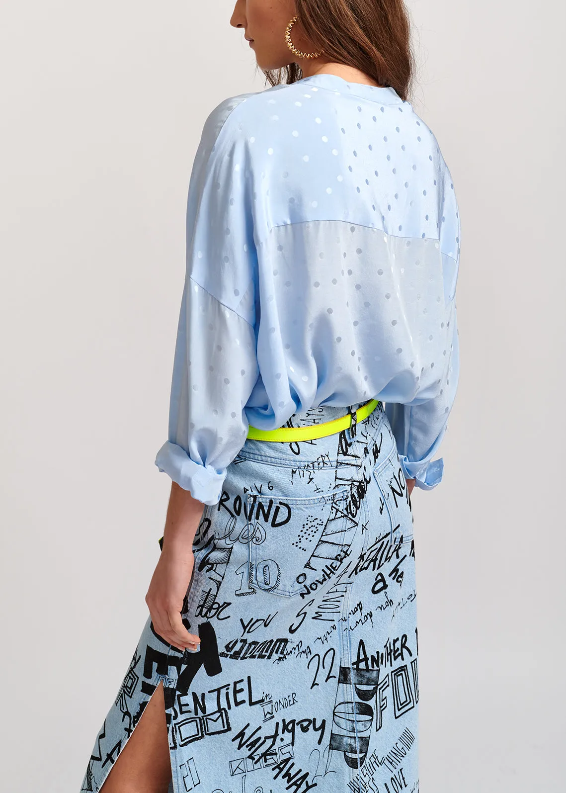Light blue polka dot silk buttoned blouse