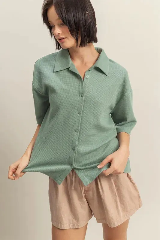 Lore Button Down Waffle Shirt - Sage