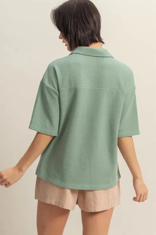 Lore Button Down Waffle Shirt - Sage