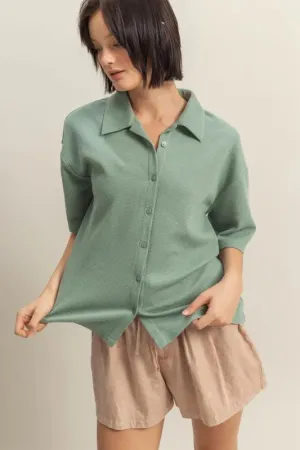 Lore Button Down Waffle Shirt - Sage