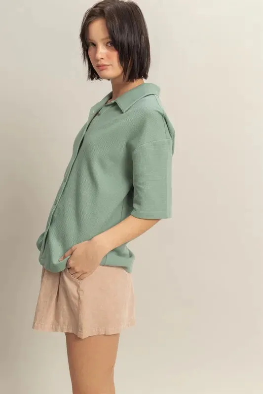 Lore Button Down Waffle Shirt - Sage