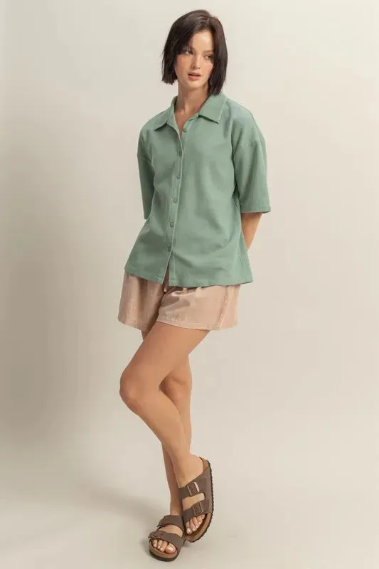 Lore Button Down Waffle Shirt - Sage